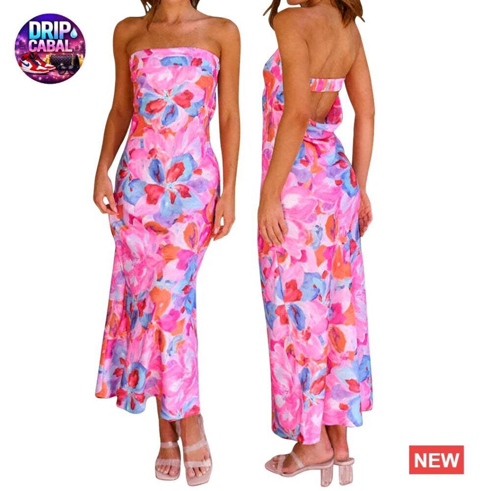 Satin Maxi Dress Strapless Backless Bodycon Formal Evening Party Wear